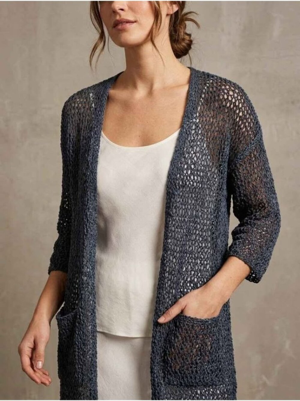 Indi Luxe Grey Blue Open Knit Mesh Duster Cardigan Boho Coastal Crochet Cover Up